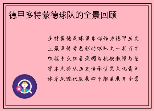 德甲多特蒙德球队的全景回顾