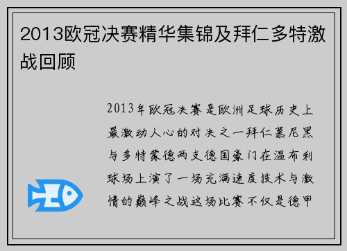2013欧冠决赛精华集锦及拜仁多特激战回顾
