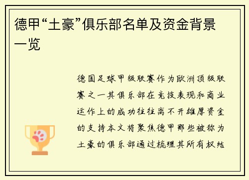 德甲“土豪”俱乐部名单及资金背景一览
