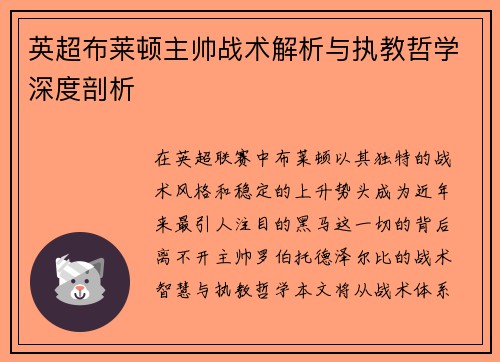英超布莱顿主帅战术解析与执教哲学深度剖析