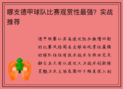 哪支德甲球队比赛观赏性最强？实战推荐